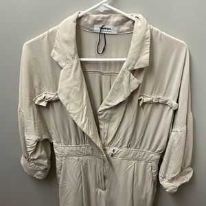 Tan JUMPSUIT - LINEN LOOK ELAXED 3/4 SLEEVE JUMPSUIT IN CREAM